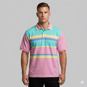 Boulevard Cotton Club Vintage 90s Pastel Striped Polo‎ Shirt Size 2XL Multi